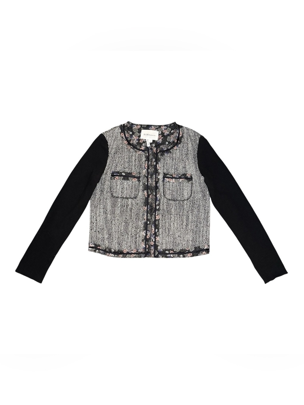 BCBGeneration Tweed Wool Blend Jacket With Floral Trim - Picture 6 of 10